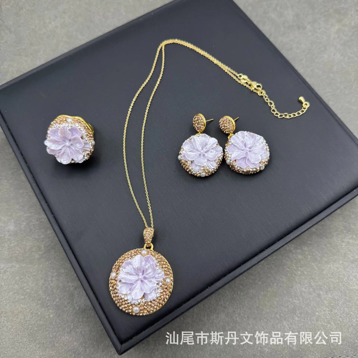 Handmade Rose Inlaid Jewelry Set | Crystal Necklace, Earrings & Rings