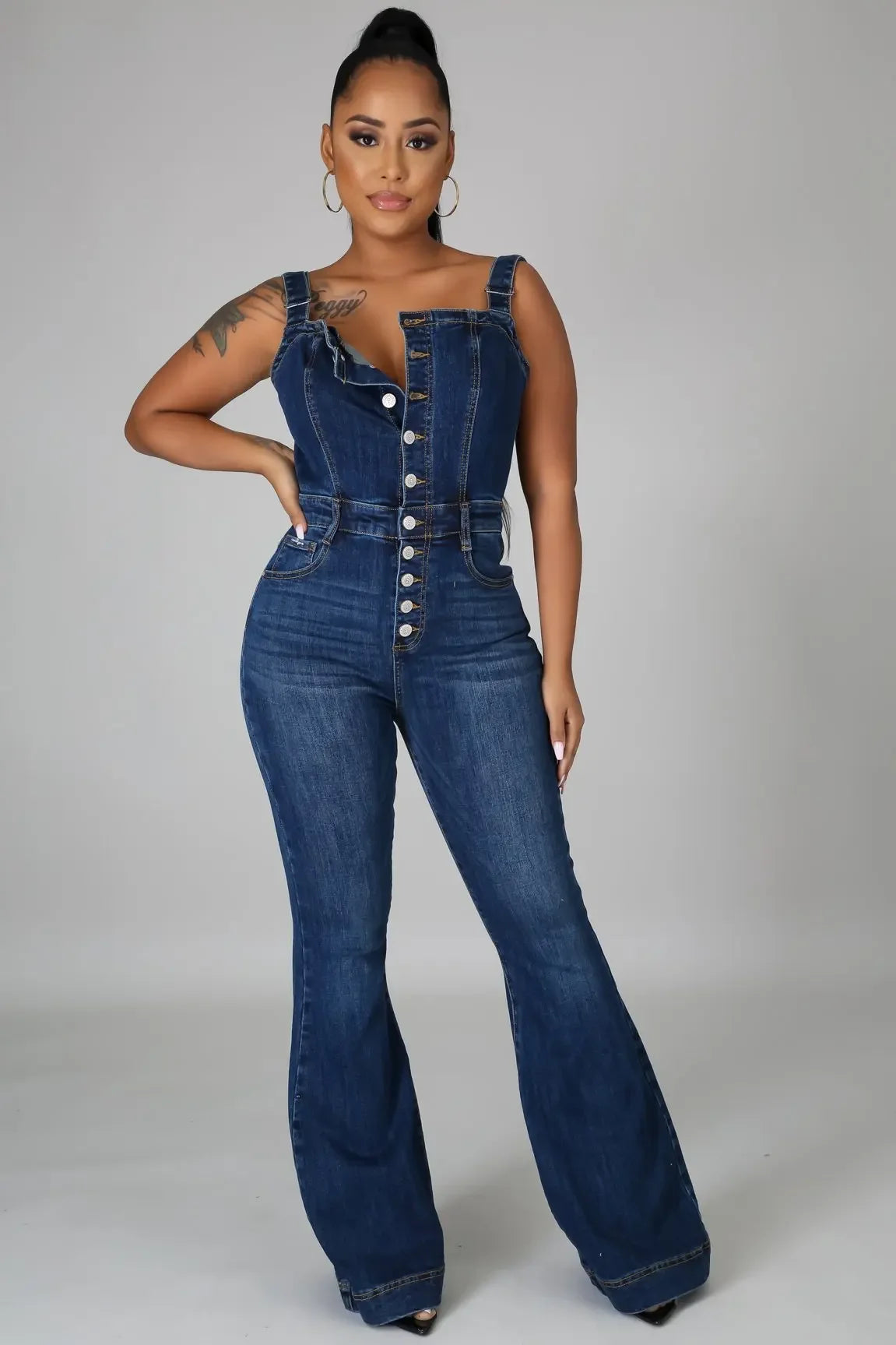 Women’s Casual Denim Bib Jumpsuit Wide Leg Pants