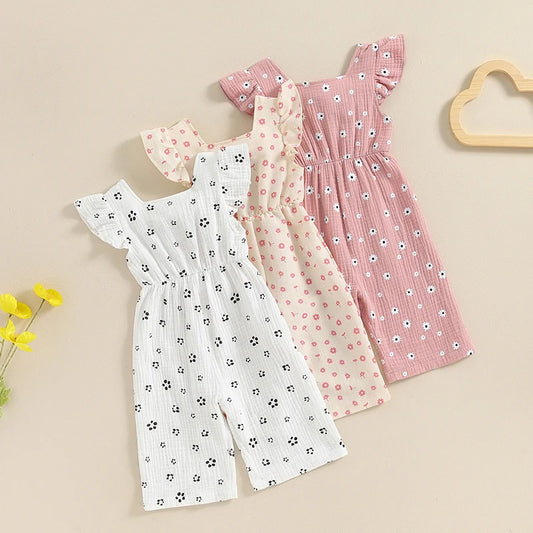 Toddler Girls Summer Overalls | Cotton Floral Print Bowknot Rompers