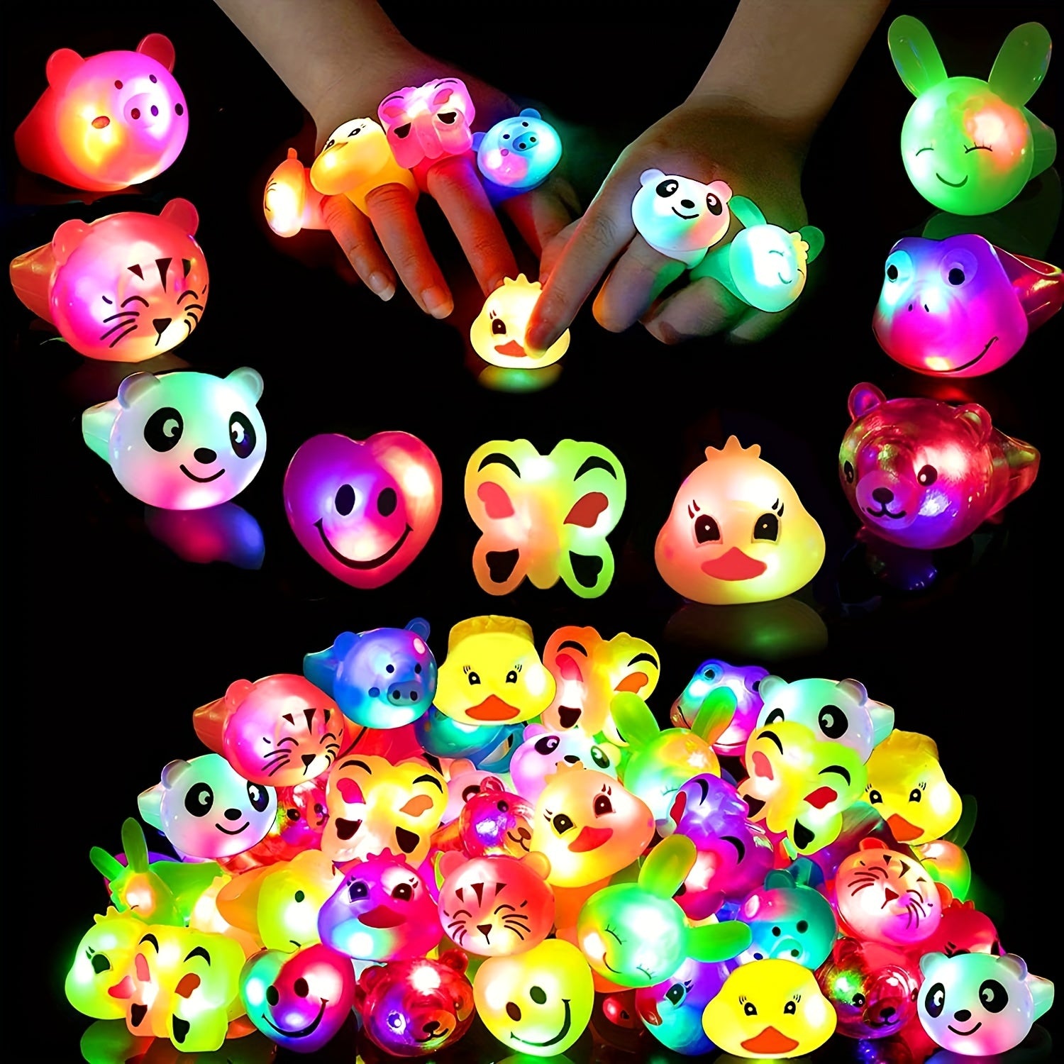 Colorful LED rings shaped like animals and cartoon faces on a black background