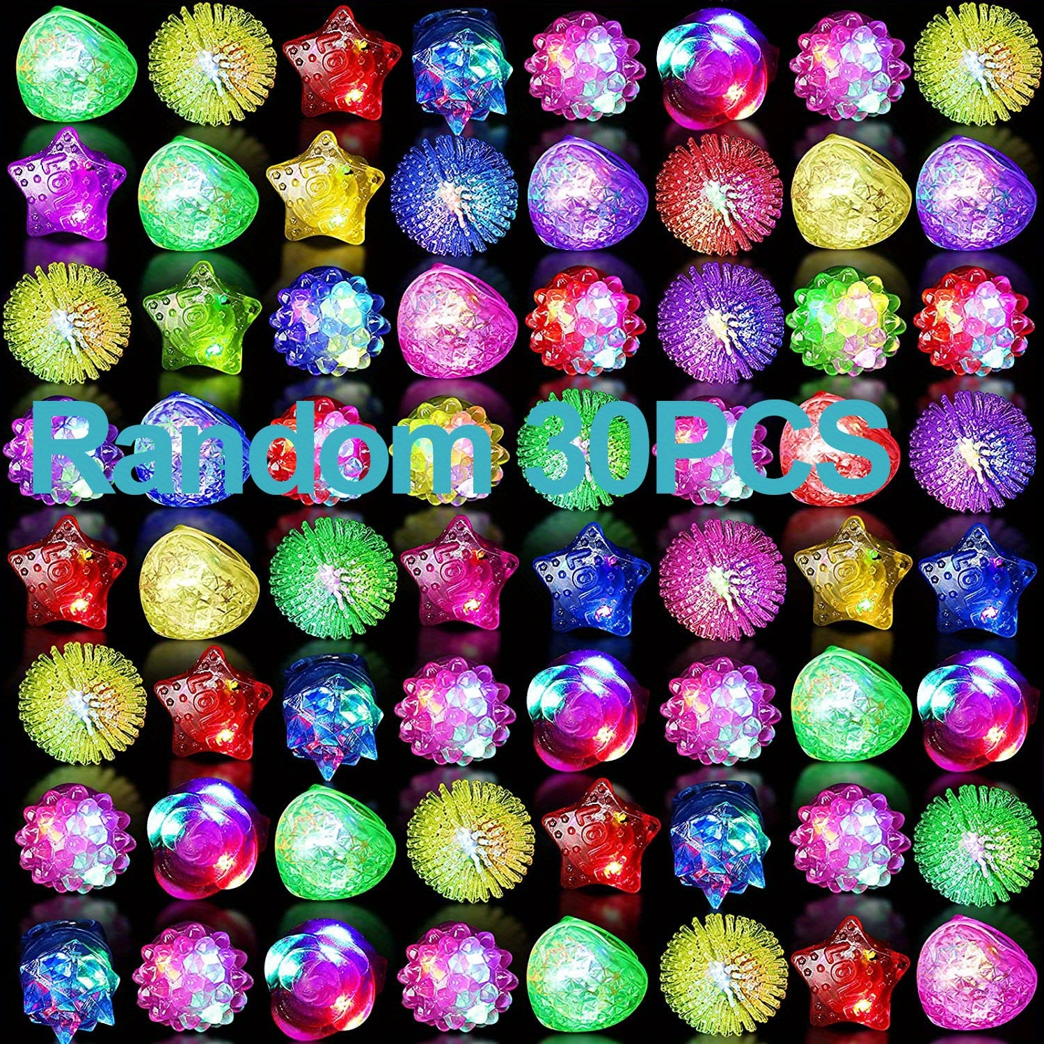 Assorted colorful LED light-up toys including stars, hearts, and spheres on a dark background with 'Random Colors' text.